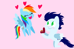 Size: 1935x1285 | Tagged: safe, anonymous artist, derpibooru exclusive, imported from derpibooru, rainbow dash, soarin', pegasus, pony, series:soarindash romantic tales, series:soarindash wedding, blushing, female, flying, happy, jewelry, male, mare, marriage, marriage proposal, pointy ponies, ring, shipping, soarindash, stallion, straight, wedding ring