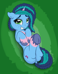 Size: 2210x2812 | Tagged: safe, artist:itchystomach, imported from derpibooru, pony, unicorn, awkward smile, butt, curly tail, digital art, dock, featureless crotch, female, freckles, g5, hooves in air, horn, looking at you, lying down, mare, misty brightdawn, on back, plot, smiling, solo, tail, underhoof, unshorn fetlocks