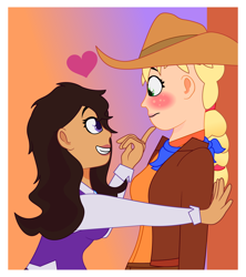 Size: 1200x1350 | Tagged: safe, artist:prixy05, imported from derpibooru, applejack, starlight glimmer, human, applejack's hat, blushing, clothes, cowboy hat, duo, duo female, female, glimmerjack, hat, height difference, humanized, lesbian, light skin, natural hair color, shipping, tan skin