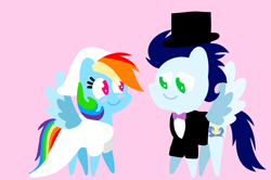 Size: 1935x1285 | Tagged: safe, anonymous artist, derpibooru exclusive, imported from derpibooru, rainbow dash, soarin', pegasus, pony, series:soarindash romantic tales, series:soarindash wedding, blushing, bride, bride dress, clothes, dress, female, groom, implied princess celestia, looking at each other, looking at someone, male, mare, marriage, pointy ponies, shipping, smiling, smiling at each other, soarindash, stallion, straight, tuxedo, wedding