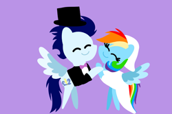 Size: 1935x1285 | Tagged: safe, anonymous artist, derpibooru exclusive, imported from derpibooru, rainbow dash, soarin', pegasus, pony, series:soarindash romantic tales, series:soarindash wedding, bride, clothes, dancing, dress, eyes closed, female, groom, male, mare, marriage, marriage proposal, married couple, pointy ponies, shipping, smiling, soarindash, stallion, straight, wedding, wedding dress