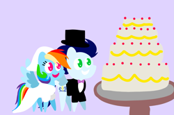 Size: 1935x1285 | Tagged: safe, anonymous artist, derpibooru exclusive, imported from derpibooru, rainbow dash, soarin', pegasus, pony, series:soarindash romantic tales, series:soarindash wedding, cake, clothes, dress, female, food, male, mare, marriage, married couple, pointy ponies, shipping, smiling, soarindash, stallion, straight, tuxedo, wedding, wedding dress