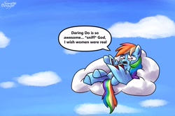 Size: 3000x2000 | Tagged: safe, artist:simpledoggo, imported from derpibooru, rainbow dash, pegasus, pony, book, cloud, crying, female, implied daring do, on a cloud, sitting, sitting on a cloud, solo, speech bubble, text