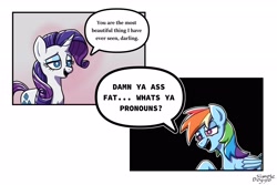 Size: 3000x2000 | Tagged: safe, artist:simpledoggo, imported from derpibooru, rainbow dash, rarity, pegasus, pony, unicorn, duo, female, horn, lesbian, meme, ponified meme, raridash, shipping, speech bubble, text