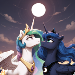 Size: 1024x1024 | Tagged: prompter needed, safe, imported from twibooru, princess celestia, princess luna, alicorn, pony, ai content, ai generated, duo, duo female, female, folded wings, full moon, image, jewelry, mare, moon, png, regalia, siblings, sisters, spread wings, wings