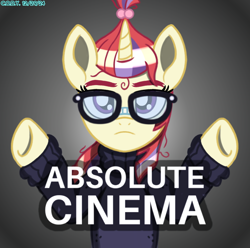 Size: 1472x1462 | Tagged: safe, artist:codenamekid, imported from derpibooru, moondancer, pony, unicorn, absolute cinema, caption, clothes, female, glasses, highlights, hooves up, horn, image macro, looking at you, mare, meme, messy mane, my little pony, ponified meme, shadow, solo, spread hooves, sweater, text