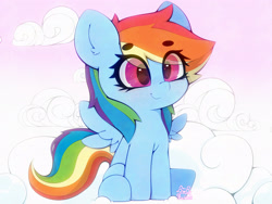 Size: 4000x3000 | Tagged: safe, artist:zokkili, imported from derpibooru, rainbow dash, pegasus, pony, cloud, ear fluff, eye clipping through hair, eyebrows, eyebrows visible through hair, female, high res, on a cloud, sitting, sitting on a cloud, smiling, solo, spread wings, wings