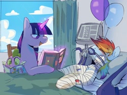 Size: 1667x1250 | Tagged: safe, artist:piesinful, imported from derpibooru, rainbow dash, spike, twilight sparkle, dragon, pegasus, pony, unicorn, fanfic:cupcakes, bed, horn, hospital bed