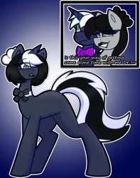 Size: 4124x5226 | Tagged: safe, artist:askhypnoswirl, imported from derpibooru, oc, oc only, oc:hypno swirl, oc:mimic, earth pony, unicorn, black lipstick, blushing, bow, commission, duo, duo male and female, earth pony oc, female, fusion, horn, lipstick, male, sneer, unicorn oc