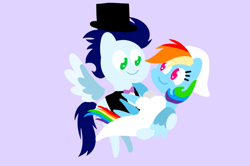 Size: 1935x1285 | Tagged: safe, anonymous artist, derpibooru exclusive, imported from derpibooru, rainbow dash, soarin', pegasus, pony, series:soarindash romantic tales, series:soarindash wedding, bridal carry, bride, carrying, clothes, dress, female, groom, male, mare, marriage, married couple, pointy ponies, shipping, soarindash, stallion, straight, tuxedo, wedding dress