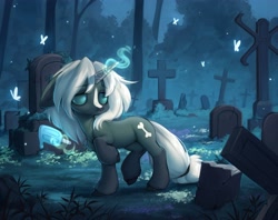 Size: 3700x2937 | Tagged: safe, artist:avroras_world, imported from derpibooru, oc, oc:tenderness, pony, undead, unicorn, zombie, zombie pony, food, glowing, glowing horn, gravestone, graveyard, horn, ice cream, melting, popsicle