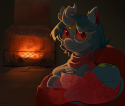 Size: 1557x1318 | Tagged: safe, artist:moonixora, imported from derpibooru, oc, oc only, oc:pine dusk, changedling, changeling, pony, changedling oc, changeling oc, chocolate, fireplace, food, glasses, horn, hot chocolate, lightly watermarked, lying down, mug, ponysona, red eyes, smiling, solo, watermark