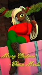 Size: 1152x2048 | Tagged: safe, artist:thunder-blur, oc, oc only, anthro, 3d, boots, breasts, christmas, clothes, female, holiday, shoes, sitting, solo, text