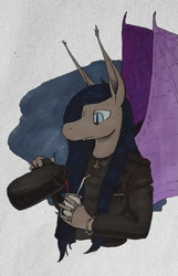 Size: 825x1280 | Tagged: safe, artist:darkhestur, imported from derpibooru, oc, oc:dark, anthro, bat pony, pony, undead, vampire, vampony, abstract background, anthro oc, bat pony oc, bat wings, bracelet, clothes, jacket, jewelry, leather, leather jacket, marker drawing, mate, pendant, ring, solo, spread wings, thermos, traditional art, wings