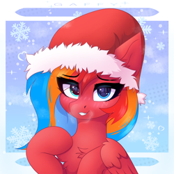 Size: 3300x3300 | Tagged: safe, artist:gaffy, imported from derpibooru, oc, oc only, oc:gaffy, abstract background, blushing, chest fluff, christmas, ear fluff, half, happy new year, hat, holiday, looking at you, modular, santa hat, wings