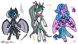 Size: 952x546 | Tagged: safe, imported from derpibooru, oc, oc only, oc:crimson watermelon, oc:elizabat stormfeather, oc:saphira moon, alicorn, bat pony, bat pony alicorn, ghoul, original species, pony, semi-anthro, undead, alicorn oc, bat wings, bone tail, brush, clothes, collar, colored wings, curly mane, digital art, feather, female, goat horns, horn, horn markings, horns, jewelry, knife, long mane, mare, not celestia, not izzy moonbow, not luna, notebook, pen, plushie, pony plushie, simple background, spikes, transparent background, trio, two toned mane, two toned wings, unshorn fetlocks, wings