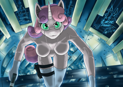 Size: 4093x2894 | Tagged: safe, artist:eltanin14d, imported from derpibooru, sweetie belle, anthro, pony, robot, unicorn, crossover, cyberpunk, ghost in the shell, gun, horn, looking at you, night, solo, sweetie bot, weapon