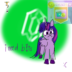 Size: 3200x3200 | Tagged: safe, artist:horsesplease, derpibooru exclusive, imported from derpibooru, hitch trailblazer, twilight sparkle, 69 (number), bits, flying, g5, gameloft, sad, sad hitch, wing ears, wings