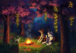 Size: 2138x1500 | Tagged: safe, artist:koviry, imported from derpibooru, oc, oc only, cat, pony, unicorn, campfire, chest fluff, commission, duo, duo female, female, fire, forest, horn, log, mare, nature, night, open mouth, open smile, outdoors, sitting, smiling, tree