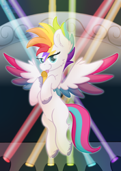 Size: 2480x3508 | Tagged: safe, artist:exobass, imported from derpibooru, zipp storm, pegasus, pony, :p, david bowie, g5, lights, microphone, rainbow, smug, solo, spread wings, stage, tongue out, unshorn fetlocks, wings