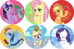 Size: 818x545 | Tagged: artist needed, safe, imported from derpibooru, applejack, derpy hooves, fluttershy, rainbow dash, rarity, spike, twilight sparkle, dragon, earth pony, pegasus, unicorn, apple, applejack's hat, buttons, cowboy hat, food, hat, horn, letter, muffin