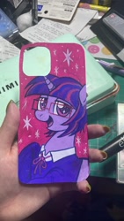 Size: 1152x2048 | Tagged: safe, artist:crasysam0, imported from derpibooru, twilight sparkle, pony, unicorn, clothes, female, horn, looking at you, mare, open mouth, open smile, phone case, photo, shirt, smiling, solo, traditional art