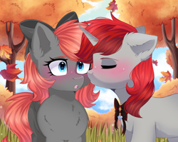 Size: 2047x1626 | Tagged: safe, artist:arllistar, imported from derpibooru, oc, oc only, oc:darknightprincess, oc:magicalboyzenny, pegasus, pony, unicorn, autumn, blue eyes, blushing, boyfriend, boyfriend and girlfriend, cheek kiss, couple, cute, duo, duo male and female, eyes closed, female, girlfriend, horn, kissing, leaves, male, outdoors, red mane