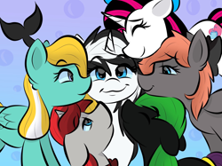 Size: 2000x1499 | Tagged: safe, imported from derpibooru, oc, oc only, oc:animelodie, oc:darknightprincess, oc:magicalboyzenny, oc:rubiowolf, oc:shouka, orca, orca pony, original species, pegasus, pony, unicorn, best friends, bisexual, blue eyes, boyfriend and girlfriend, four girls, girlfriend, group, horn, multicolored hair, nuzzling, polyamory, red mane