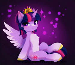 Size: 4384x3785 | Tagged: safe, artist:empress-twilight, imported from derpibooru, twilight sparkle, alicorn, pony, alternate design, alternate hairstyle, alternate universe, bangs, belly, belly button, cheek fluff, chest fluff, coat markings, colored belly, colored ear fluff, colored hooves, colored wings, colored wingtips, commission, crown, ear fluff, eye clipping through hair, eyebrows, eyebrows visible through hair, eyelashes, facial markings, feathered wings, fetlock tuft, freckles, gradient background, hair bun, high res, hock fluff, hooves, jewelry, leg fluff, looking back, my little pony, new dawn of harmony, pale belly, purple coat, purple eyes, purple wingtips, raised leg, regalia, shiny mane, shiny tail, short hair twilight sparkle, short mane, sitting, slender, smiling, snip (coat marking), sparkles, spread wings, thin, three quarter view, three toned mane, three toned tail, tied mane, twilight sparkle (alicorn), two toned wings, wings, ych result, yellow hooves