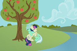 Size: 1000x656 | Tagged: artist needed, safe, imported from derpibooru, bon bon, lyra heartstrings, sweetie drops, apple, apple tree, cloud, female, females only, food, hug, lesbian, lyrabon, outdoors, river, shipping, tree, water