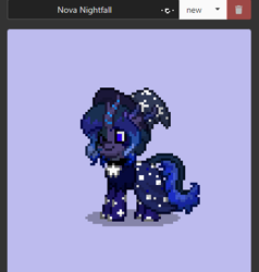 Size: 425x447 | Tagged: safe, artist:allcello, imported from derpibooru, oc, oc only, oc:nova nightfall, kirin, pony, pony town, blue eyes, digital art, female, kirin oc, mare, one eye closed, pixel art, solo, stars