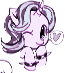 Size: 1280x1431 | Tagged: safe, artist:bonedustz, imported from derpibooru, starlight glimmer, pony, unicorn, bust, curved horn, edgelight glimmer, eyelashes, female, horn, limited palette, mare, one eye closed, pink coat, simple background, smiling, solo, speech bubble, spiked wristband, spoken heart, three quarter view, two toned mane, unicorn horn, white background, wink, wristband