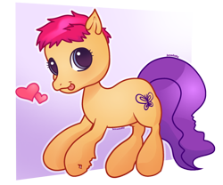 Size: 1280x1065 | Tagged: safe, artist:bonedustz, imported from derpibooru, scootaloo (g3), earth pony, pony, alternate hairstyle, alternate mane color, alternate tail color, colored pupils, eyelashes, female, filly, floating heart, foal, g3, gradient pupils, heart, leg scar, long tail, orange coat, outline, partially transparent background, passepartout, pink mane, purple eyes, purple pupils, purple tail, scar, short mane, signature, smiling, solo, tail, tongue out, toy interpretation