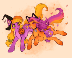 Size: 2048x1638 | Tagged: safe, artist:madisockz, imported from derpibooru, abra-ca-dabra, pumpkin tart, earth pony, pony, alternate design, alternate hairstyle, alternate mane color, alternate tail color, bag, bell, bell collar, blonde tail, candy, cat ears, clothes, collar, colored belly, colored pinnae, colored pupils, colored sketch, costume, countershading, duo, duo female, eyelashes, fake ears, fangs, female, food, g3, gradient background, gradient legs, green eyes, green pupils, hair tie, halloween, halloween 2024, halloween costume, hat, heart, heart eyes, heart mark, holiday, looking at each other, looking at someone, mare, open mouth, open smile, orange coat, pale belly, pigtails, purple coat, purple eyes, purple mane, purple pupils, running, saddle bag, sketch, smiling, smiling at each other, tail, three quarter view, three toned mane, three toned tail, tied mane, wingding eyes, witch hat