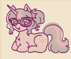 Size: 279x232 | Tagged: safe, artist:junniepiepoopop, imported from derpibooru, sci-twi, twilight sparkle, pony, unicorn, equestria girls, bangs, chest fluff, cute, equestria girls ponified, female, glasses, hair accessory, hair bun, horn, lying down, mane accessory, mare, open mouth, open smile, pastel, ponified, ponyloaf, prone, purple coat, sci-twiabetes, shiny eyes, simple background, smiling, solo, three quarter view, three toned mane, three toned tail, tied mane, twiabetes, unicorn horn, unicorn sci-twi, white background