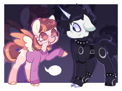 Size: 2433x1831 | Tagged: safe, artist:moccabliss, imported from derpibooru, pegasus, pony, unicorn, clothes, edward scissorhands, glasses, horn, peg boggs, ponified, sweater