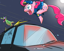 Size: 1299x1045 | Tagged: artist needed, safe, color edit, edit, imported from derpibooru, gummy, pinkie pie, alligator, earth pony, broken glass, car, chase, colored, drawthread, duo, fleeing, gunshot, open mouth, police pony, requested art