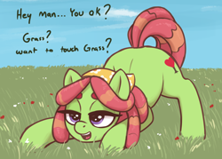 Size: 2100x1500 | Tagged: safe, artist:t72b, imported from derpibooru, tree hugger, earth pony, pony, ass up, bandana, boobs? wanna touch boobs?, face down ass up, female, grass, mare, meme, touch grass