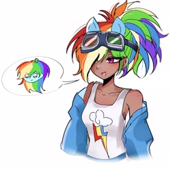 Size: 2280x2280 | Tagged: safe, artist:pulse, imported from derpibooru, kotobukiya, rainbow dash, human, :d, clothes, collarbone, cute, cutie mark, cutie mark on clothes, dashabetes, eared humanization, eye clipping through hair, female, goggles, goggles on head, hair over one eye, humanized, jacket, kotobukiya rainbow dash, off shoulder, open mouth, open smile, ponytail, simple background, smiling, solo, speech bubble, tan skin, tanktop, white background