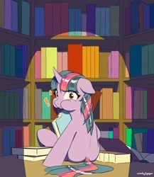 Size: 2427x2800 | Tagged: safe, artist:nutellaenjoyer, imported from derpibooru, twilight sparkle, pony, unicorn, bibliovore, book, caught, emanata, exclamation point, female, floppy ears, horn, library, looking at you, looking back, looking back at you, mare, sitting, solo, that pony sure does love books, unicorn twilight