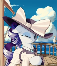 Size: 1043x1199 | Tagged: safe, artist:nutellaenjoyer, imported from derpibooru, rarity, bird, pony, seagull, unicorn, boat, bow, clothes, cloud, female, floppy ears, giant hat, glowing, glowing eyes, hat, horn, looking at you, mare, ocean, one eye closed, raised hoof, raristocrat, rose dewitt bukater, sailboat, smiling, solo, titanic, water, wink, winking at you