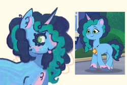 Size: 354x238 | Tagged: safe, artist:junniepiepoopop, imported from derpibooru, pony, unicorn, alternate design, blaze (coat marking), blue coat, blue eyelashes, blush scribble, blushing, coat markings, colored eyelashes, colored pinnae, colored sketch, curly mane, dragon dad, facial markings, female, freckles, g5, green eyes, horn, jewelry, looking back, mare, misty brightdawn, my little pony: tell your tale, necklace, profile, reference used, screencap reference, simple background, sketch, smiling, solo, tongue out, two toned horn, two toned mane, unicorn horn, white background