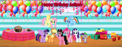 Size: 2608x1000 | Tagged: safe, artist:lizzmcclin, imported from derpibooru, applejack, fluttershy, pinkie pie, rainbow dash, rarity, spike, twilight sparkle, oc, oc:aaliyah, alicorn, dragon, earth pony, pegasus, pony, alicorn oc, balloon, birthday cake, cake, female, food, happy birthday, horn, male, mane six, mare, present, twilight sparkle (alicorn), wings