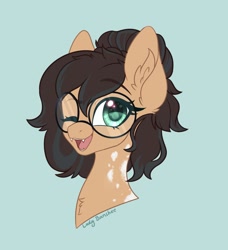 Size: 1831x2006 | Tagged: safe, artist:_ladybanshee_, imported from derpibooru, oc, oc only, oc:nixie tube, bat pony, earth pony, hybrid, wingless bat pony, bat pony oc, bat wings, bust, chest fluff, ear fluff, eyebrows, eyebrows visible through hair, fangs, female, glasses, one eye closed, simple background, smiling, solo, wingless, wings, wink