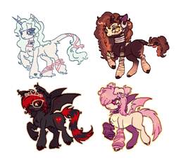 Size: 814x771 | Tagged: safe, artist:junniepiepoopop, imported from derpibooru, oc, oc only, oc:cole (poniesinmyhead), oc:nzuri, oc:pillow lace, bat pony, pony, unicorn, zebra, bald face, ballet slippers, base used, bat pony oc, bat wings, black and red mane, black and red tail, black coat, blank flank, blaze (coat marking), blood, bloody mouth, blue eyelashes, blue eyes, blue hooves, blue mane, blue tail, bow, brown coat, brown eyeshadow, brown hooves, brown mane, brown tail, butt fluff, chest fluff, choker, clothes, coat markings, colored eyelashes, colored hooves, colored pinnae, colored wings, coontails, curly mane, curly tail, dog ears, ear piercing, ear tufts, earring, emo, facial markings, fangs, female, female oc, feminine stallion, fetlock tuft, frown, girly, glasses, gradient ears, gradient legs, gradient mane, gradient tail, gradient wings, group, heart, heart mark, hooped earrings, hooves, horn, jewelry, lace choker, leg fluff, leg stripes, leg warmers, leonine tail, light blue mane, light blue tail, long mane, long mane male, long tail, looking back, male, male oc, mare, mare oc, mismatched hooves, multicolored hooves, narrowed eyes, neck rings, no pupils, oc name needed, piercing, pigtails, pink bow, pink coat, pink eyes, pink mane, pink tail, pubic fluff, purple eyelashes, purple hooves, quartet, raised hoof, raised leg, red and black oc, red eyelashes, red eyes, requested art, short mane, simple background, smiling, spiked choker, spread wings, stallion, stallion oc, standing on two hooves, striped leg warmers, stripes, tail, tail accessory, tail bow, tail fluff, tail markings, three quarter view, three toned wings, tiara, tied mane, two toned mane, unicorn oc, white background, white coat, wings, yellow eyes, zebra oc