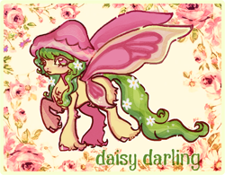 Size: 820x641 | Tagged: safe, artist:junniepiepoopop, imported from derpibooru, oc, oc only, oc:daisy darling, butterfly, butterfly pony, fairy, fairy pony, hybrid, original species, pony, adoptable, bangs, blushing, butt fluff, butterfly wings, chest fluff, colored hooves, colored wings, concave belly, cream coat, daisy (flower), eye clipping through hair, eyelashes, female, female oc, flower, flower in hair, flower in tail, green mane, green tail, green text, hat, hock fluff, hoof fluff, hooves, long mane, long tail, looking at you, mare, mushroom hat, pink eyelashes, pink eyes, pink hooves, pink wings, shiny hooves, smiling, smiling at you, standing, standing on three hooves, tail, two toned wings, unshorn fetlocks, wings, yellow coat