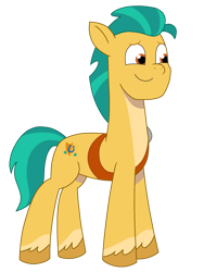 Size: 1848x2464 | Tagged: safe, artist:lnx1ynight16, imported from derpibooru, hitch trailblazer, earth pony, pony, belt, g5, looking at something, male, my little pony: tell your tale, simple background, smiling, solo, stallion, transparent background, vector, zipp's yes day