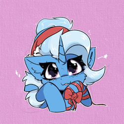 Size: 2000x2000 | Tagged: safe, artist:jubyskylines, imported from derpibooru, trixie, pony, unicorn, series:12 days of trixmas, :3, :p, christmas, cute, diatrixes, female, hat, holiday, horn, looking at you, mare, pink background, santa hat, simple background, solo, tongue out