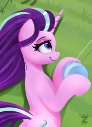 Size: 1401x1929 | Tagged: safe, artist:darksly, imported from derpibooru, starlight glimmer, pony, unicorn, body pillow, butt, commission, dock, female, glimmer glutes, horn, kite, kite flying, kite string, lidded eyes, lying down, mare, on side, plot, smiling, solo, tail, that pony sure does love kites, windswept mane