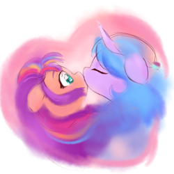 Size: 2048x2048 | Tagged: safe, artist:dulldi, imported from derpibooru, izzy moonbow, sunny starscout, earth pony, pony, unicorn, duo, duo female, eyes closed, female, g5, heart, heart background, heart eyes, horn, kiss on the lips, kissing, lesbian, moonscout, shipping, wingding eyes